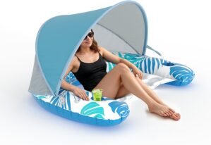 Pool Float for Adults with Canopy, XL Inflatable Chair Lounge Floaties with Adjustable Sun Shade Cover, Drink Holder, Ergonomic Headrest