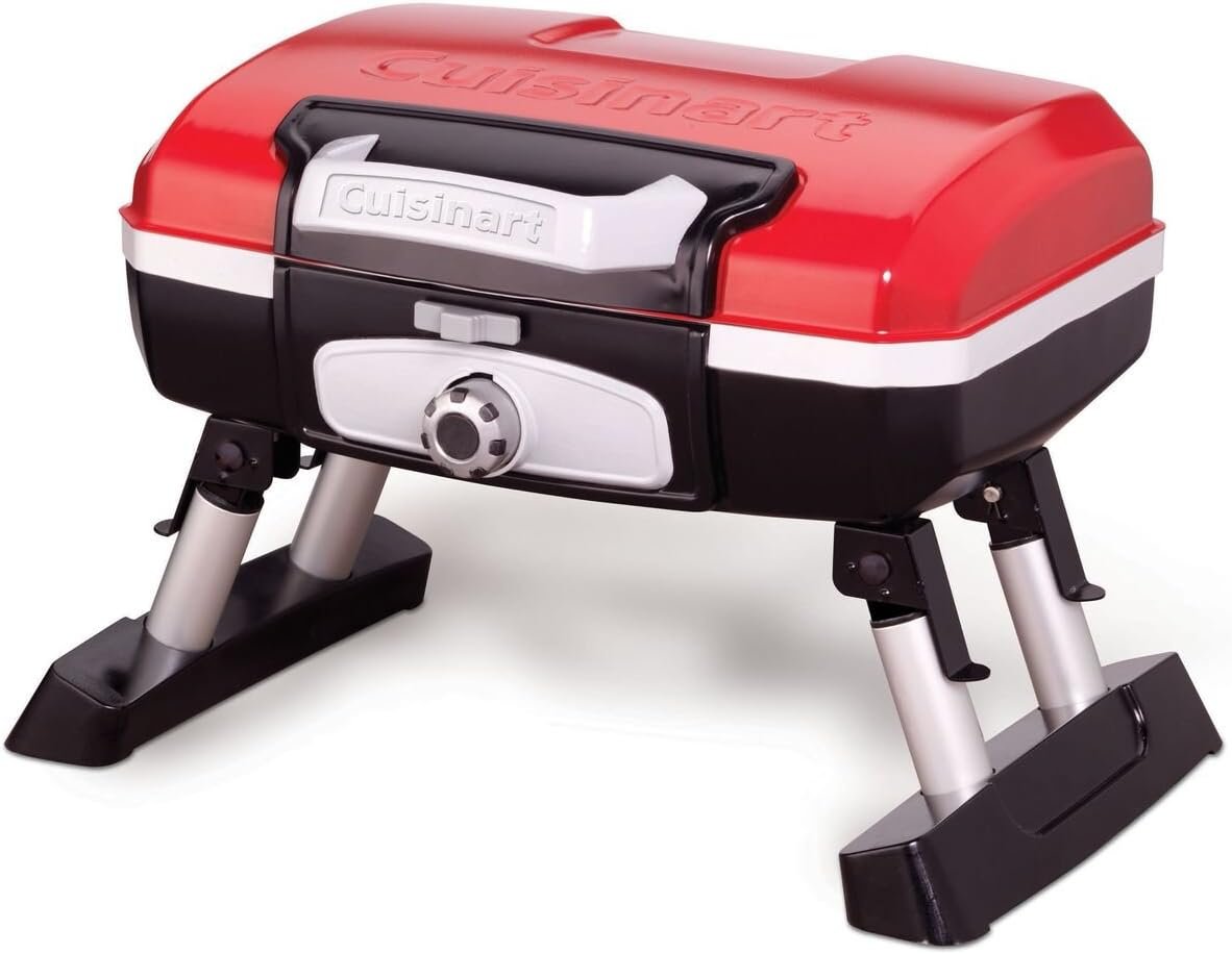 Cuisinart Petite Gourmet Portable Gas Grill, Compact & Lightweight Tabletop Small Grill for BBQs, Camping, Tailgates & Small Spaces, 5,500 BTU Burner Folding with Carry Handles, Red