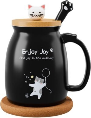 Cute Cat Cup Ceramic Coffee Mug with Kawaii Cat Wooden Lid, Lovely Stainless Steel Spoon, Anime Kitty Thicken Wooden Coaster, Men Women Christmas Birthday Cute Thing Japanese Mug 16oz (BLack)