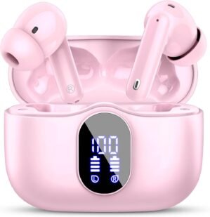 Wireless Earbuds Bluetooth 5.4 Headphones Bass Stereo Ear Buds with Noise Cancelling Mic LED Display in Ear Earphones IP7 Waterproof 36H Playtime for Laptop Pad Phones Sports Workout Pink