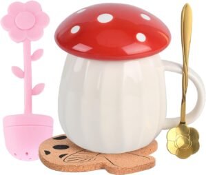 Mushroom Mug, Cute Coffee Mug with Lid, Gift for Women, Ceramic Tea Mug 8oz Kawaii Mushroom Tea Cup with infuser, Mushroom Stuff Decor, Mothers Day Gift for Mom, Girls, Christmas, Birthdays