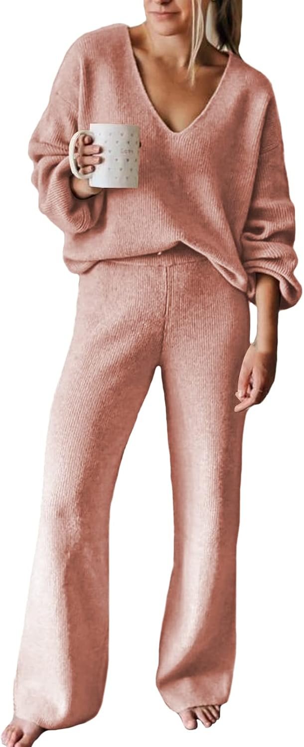 Viottiset Women’s 2 Piece Outfits Casual V Neck Knit Wide Leg Sweater Lounge Set Sweatsuit