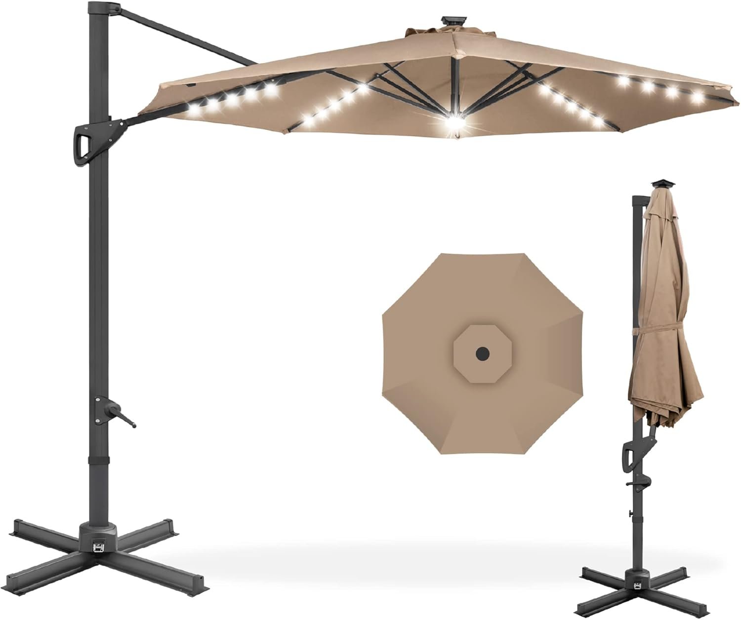 Best Choice Products 10ft Solar LED Cantilever Patio Umbrella, 360-Degree Rotation Hanging Offset Market Outdoor Sun Shade for Backyard, Deck, Poolside w/Lights, Easy Tilt, Cross Base – Tan