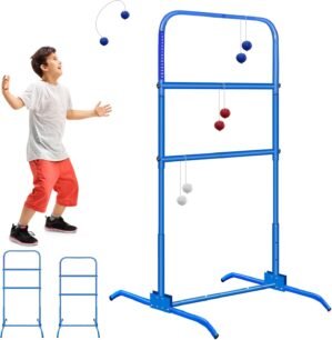 2PCS Ladder Toss Ball Game Set with Score Tracker, Adjustable Height (42.5”-53.5”) Portable Foldable Metal Frame & Stable Tripod Base with Carry Bag for Outdoor Backyard, Camping, Yard, Beach, Lawn