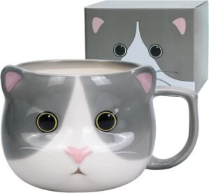Cat Mug 14 oz Cute Ceramic 3D Porcelain Tea Cup for Women, Kawaii Gifts for Cat Lovers, Christmas, Housewarming, Holiday, Birthday Gifts for Women, Mom, Kids, Men and Friends