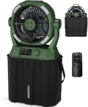 Misting Fan Portable Camping Fan 42800mAh Rechargeable with Remote Control, 3 LED Light & Stepless Speed Control & Cooling Spray with 6L Bucket, Timer Function, Portable Handle, Rotating Hanging Hook