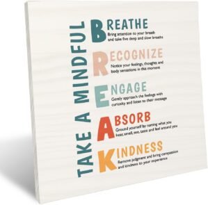 Mental Health Gifts, Mental Health Take a Mindful Break Wood Desk Signs Plaque for Calming Corner Break Room Therapy Counseling Office Decoration, Mental Health Decor, 6.2×6.2 Inch
