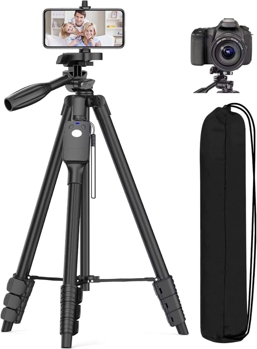 XXZU Tripod,60″ Camera Tripod with Travel Bag,Cell Phone Tripod with Remote,Professional Aluminum Portable Tripod Stand with Phone Tripod Mount&1/4″ Screw,for Phone/Camera/Projector/DSLR/SLR