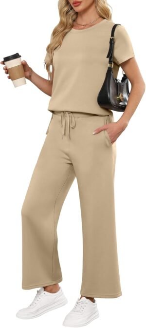 ANRABESS Women 2 Piece Lounge Sets Summer Travel Sweat Outfits Short Sleeve Wide Leg Casual Matching Tracksuits Clothes