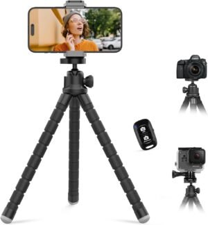 Aureday Cell Phone Tripod, Flexible Mini Tripod with Remote and Cold Shoe, Small Tripod Stand for Video Recording, Vlogging, Compatible with Microphones,Cellphone,Camera,Gopro Black