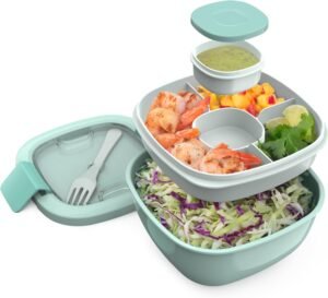 Bentgo Salad Container – 54 oz Bowl with 4-Compartment Toppings Tray, Leak-Proof Dressing Container, Reusable Fork, BPA-Free Lunch Box for Meal Prep & Food Storage; Removable Bento Tray (Coastal Aqua)