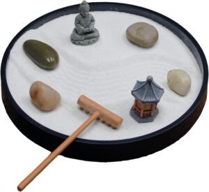 Nature’s Mark Mini Zen Garden Kit for Desk with Rake, White Sand, Black Round Base, Miniature Pagoda Figure, River Rocks and Miniature Buddha Figure (6Lx6W Round B)