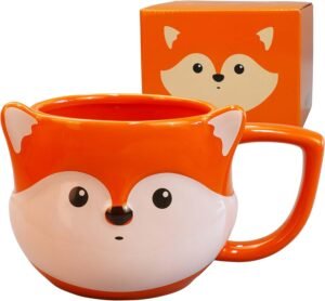 Fox Mug 14 oz Cute Ceramic Coffee Mug 3D Porcelain Tea Mug for Women Kawaii Cup Fox Gifts for Women Christmas Gifts Housewarming Holiday Birthday Gifts for Women Mom Kids Men Friend Orange