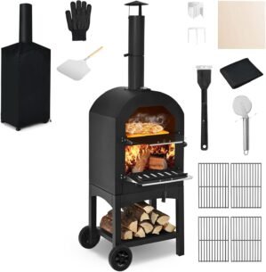 COSTWAY 70813-CYOP, Wood Fired Outside, Patio Grill Stone, Peel, and Waterproof Cover for Backyard Camping Outdoor Pizza Oven, Black