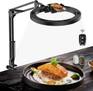 Overhead Camera Mount with Ring Light Phone Holder,10″ LED Ring Light for Desk with Stand and Remote for iPhone,Phone Tripod with Light for Video Recording TikTok Live Stream Cooking Kitchen Vlogging