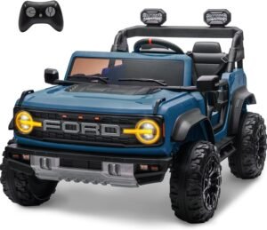 ENYOPRO 2 Seater Ride On Car for Kids, 24v Licensed Ford Bronco Raptor Electric Power Ride On Truck Toy with Remote Control, 4 Wheels Shock Absorption, Soft Start, Bluetooth, Radio, 3 Speed – Blue