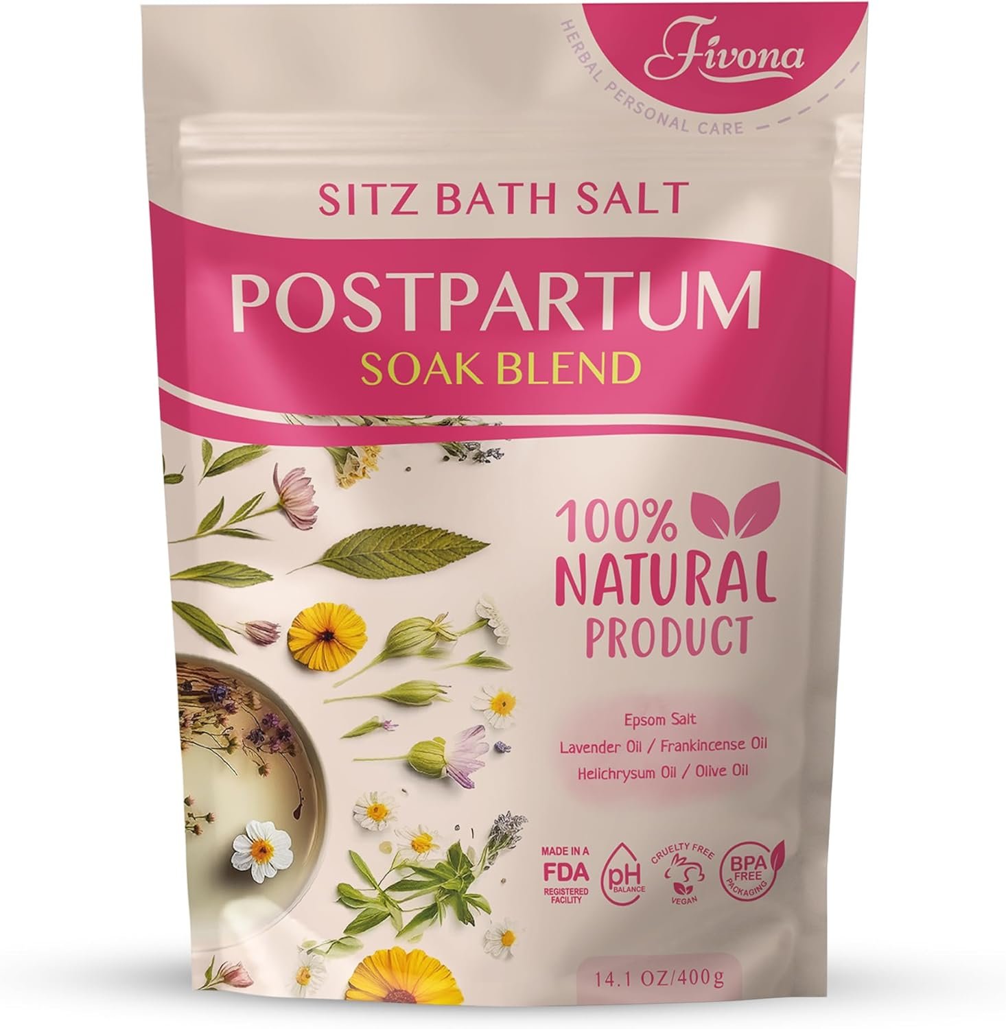 FIVONA Postpartum Soak Blend – Epsom Salt with Essential Oils Blend for Sitz Bath Soaking, Perineal Care, Fast Postpartum Recovery & Hemorrhoid Treatment, Essential Mix for New Mom