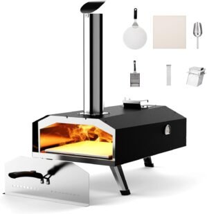 12″ Wood Pellet Outdoor Pizza Oven,Wood Fired Portable Pizza Maker with Pizza Stone, Countertop Pizza Grill for Backyard and Outside, Black