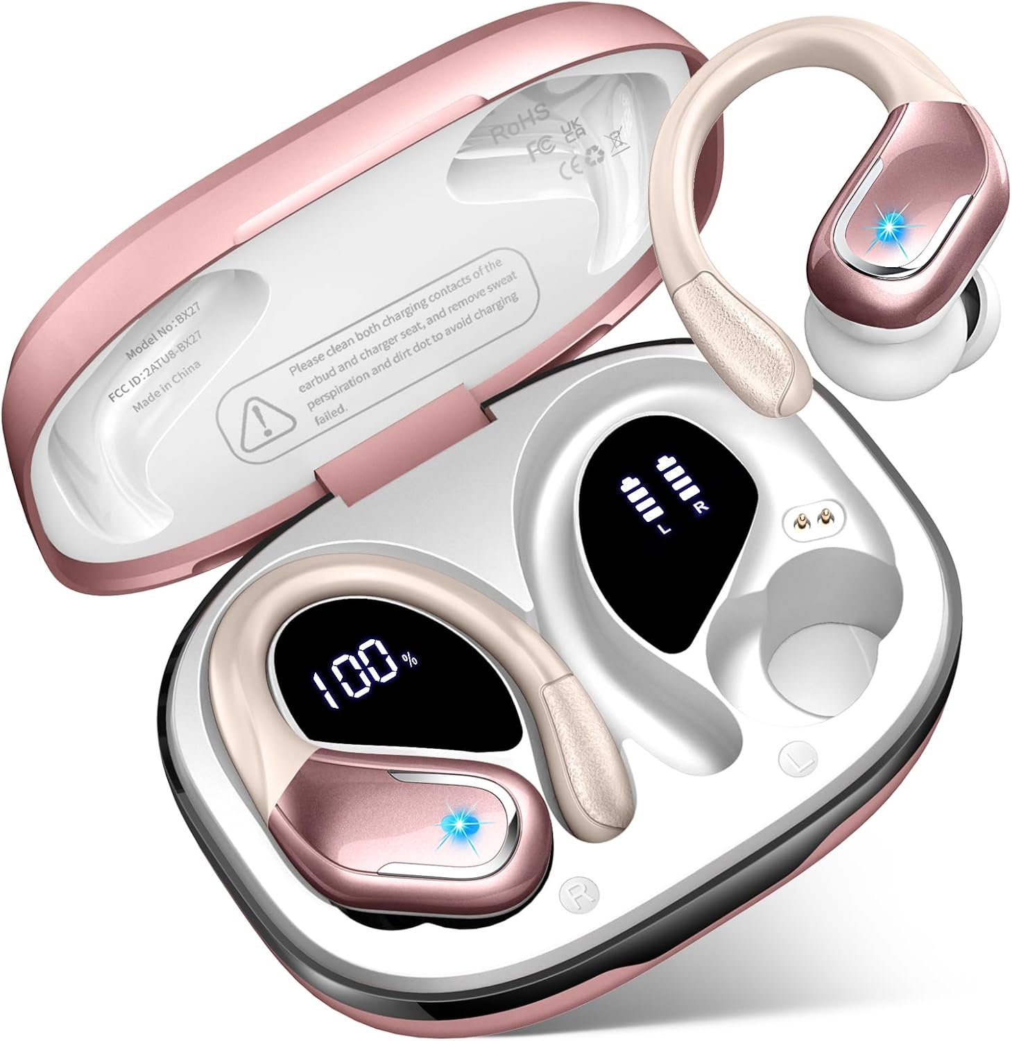 Wireless Earbud, Bluetooth 5.4 Headphones IP7 Waterproof for Sport, 75H Running Wireless Earphones with ENC Noise Canceling Mic, Deep Bass Over Ear bud with Earhooks for Android/iOS, Workout, Wine Red