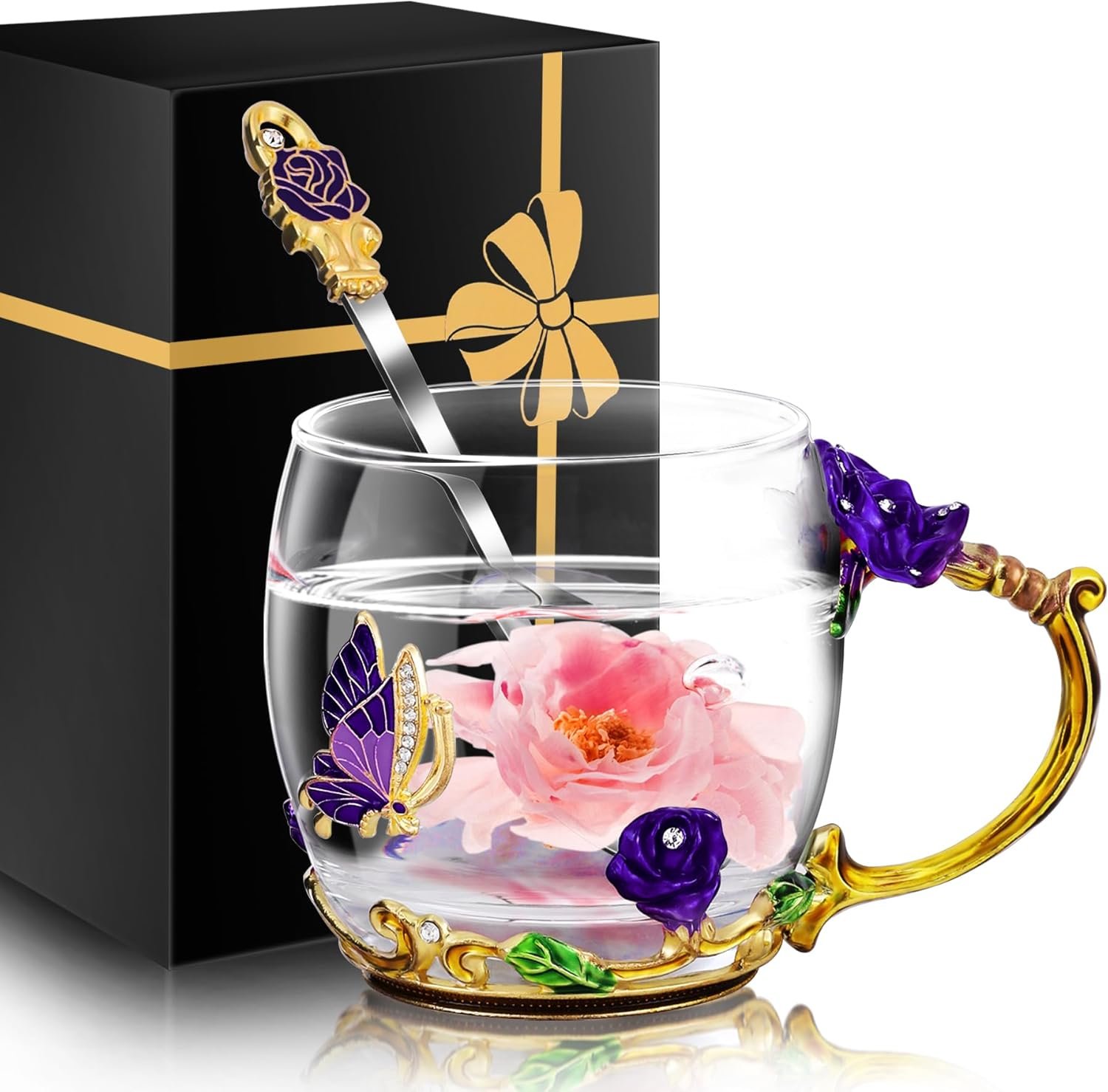 Women Glass Tea Coffee Pretty Cup Set Cute Mug House Warming Butterfly Lover Luxury Office Coworker Japanese Hostess Bachelorette Engaged Gifts Housewarming Kitchen Essential New Home Must Have Purple