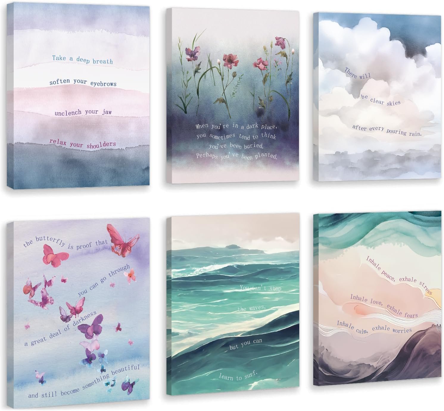 HOURIA Framed Watercolor Mental Health Canvas Wall Art Inhale Exhale Wall Decor,8×10 Set of 6 Therapist Psychologist Office Decor inspirational Art Print For Bedroom,Calming Corner,Counseling Room