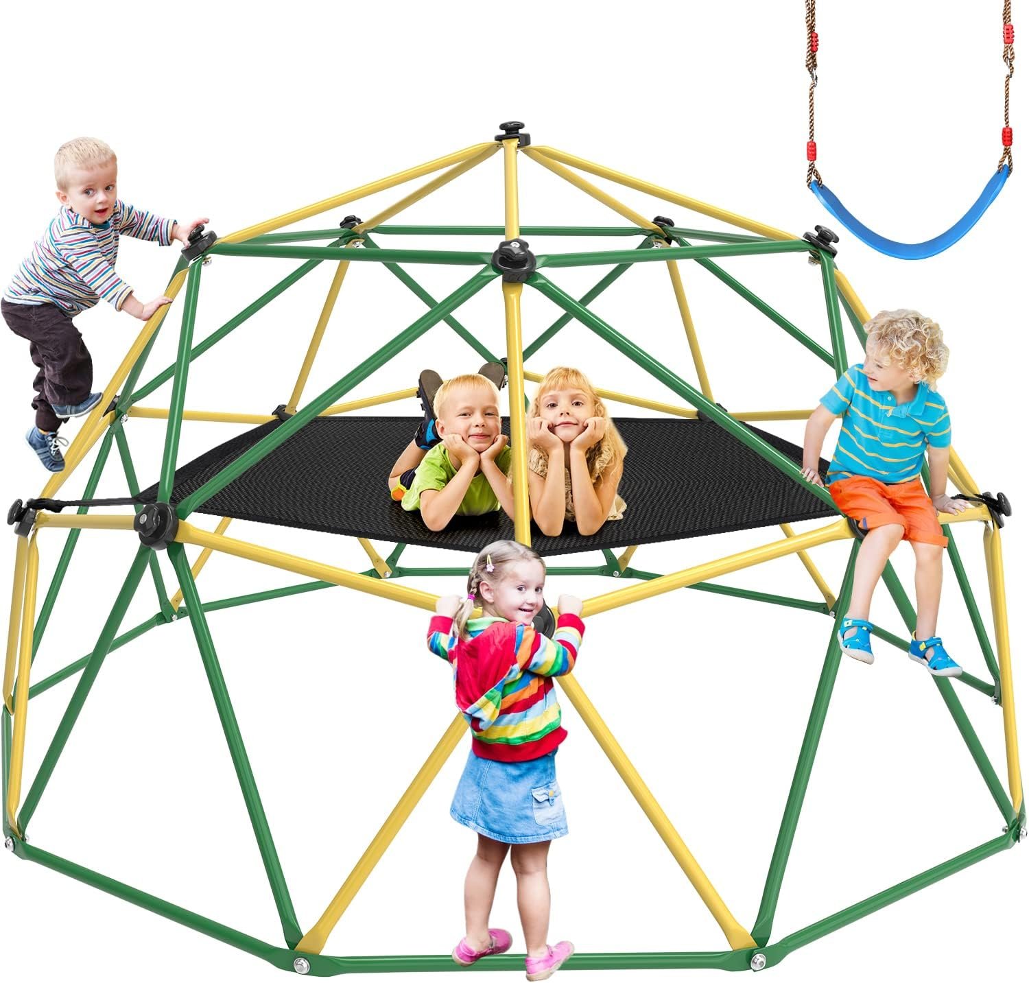 GIKPAL Climbing Dome, 10FT Dome Climber with Hammock for Kids 3 to 10 Outdoor Play Equipment, Supports up to 1000lbs Jungle Gym, Anti-Rust, Easy Assembly, Yellow+Green