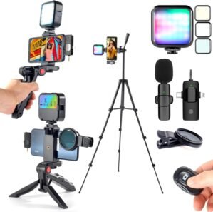 Vlogging Kit for iPhone,YouTube Starter Kit,Phone Holder for Video Recording Vlogging Camera Kit with Double Tripod/RGB Light/Wireless Microphone/CPL ens/Remote Control