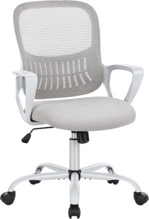 Sweetcrispy Office Computer Desk Managerial Executive Chair, Ergonomic Mid-Back Mesh Rolling Work Swivel Chairs with Wheels, Comfortable Lumbar Support, Comfy Arms for Home,Bedroom,Study, Grey