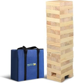 Big Game Hunters Giant Tumble Towers, 58 Piece Wooden Block Game, 5 ft. Tall Stacking Backyard Indoor Outdoor Game for Kids Adults Family, Jumbo Splinter Resistant Blocks – Carry Bag Included
