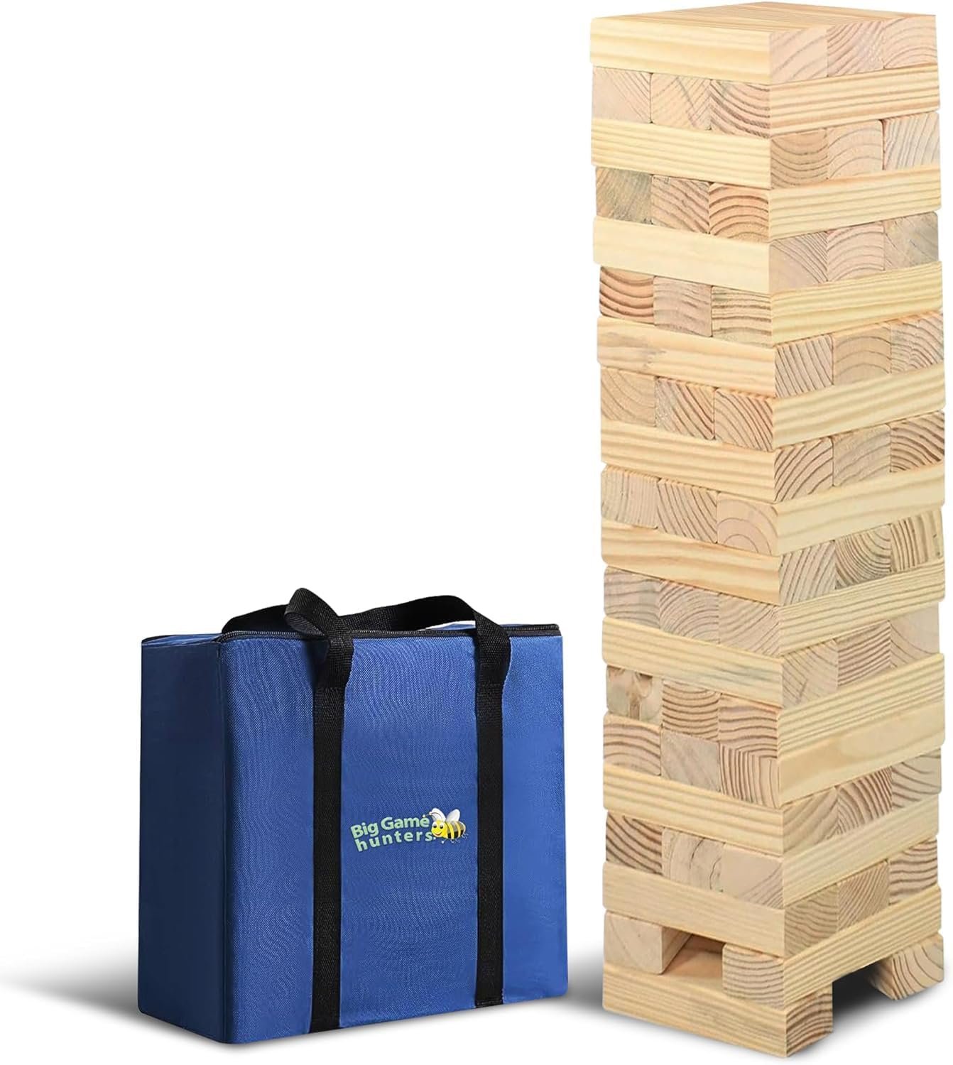 Big Game Hunters Giant Tumble Towers, 58 Piece Wooden Block Game, 5 ft. Tall Stacking Backyard Indoor Outdoor Game for Kids Adults Family, Jumbo Splinter Resistant Blocks – Carry Bag Included