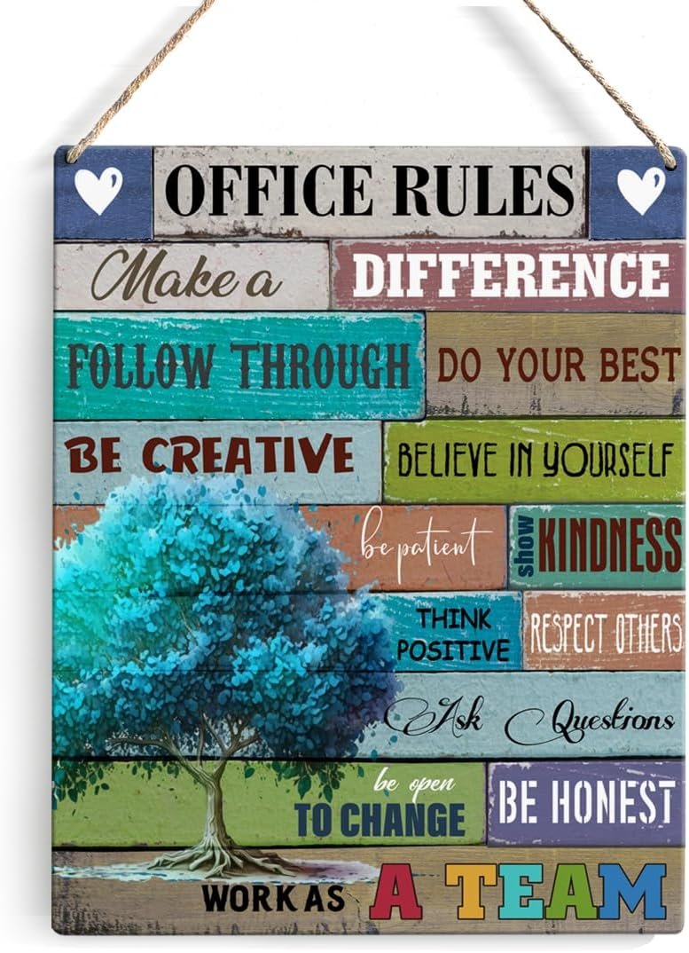 Office Quote Tree Signs Wall Decor – Rustic Rules Make a Difference Wooden Hanging Sign Decoration for Home and Office Door 8 x 10
