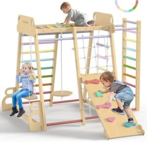 Upgraded Indoor Playground 9-in-1 Jungle Gym Kids Climbing Toys, Montessori Philosophy Waldorf Style Wooden Climber Playset with Slide, Swing, Monkey Bars, Upright/Rope Ladder, Climb Net, Rainbow