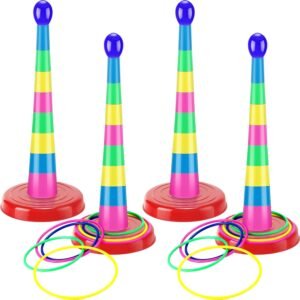76 Pcs 4 Sets 18 Inch Plastic Ring Toss Game for Kids Colorful Tossing and Active Play Set Travel Ring Toss Quoits Toy Portable Carnival Games Indoor Outdoor Birthday Party Halloween Playground