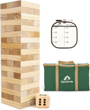 ApudArmis Giant Tumble Tower (Stack from 2Ft to Over 4.2Ft), 54 PCS Pine Wooden Stacking Timber Game with 1 Dice Set – Classic Block Giant Outdoor Game for Teens Adults Family