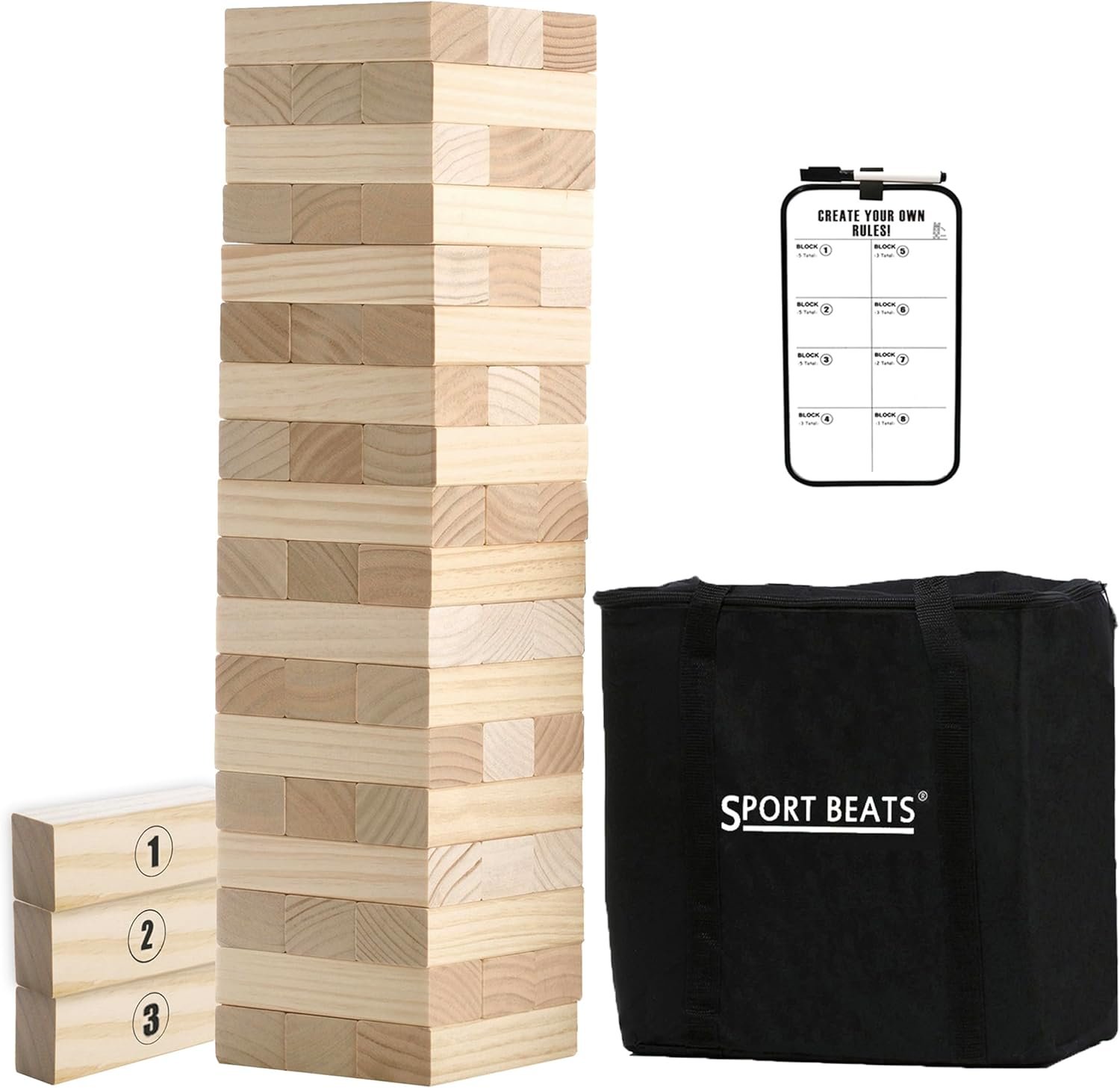SPORT BEATS Outdoor Games Large Tower Game 54 Blocks Stacking Game Includes Carry Bag