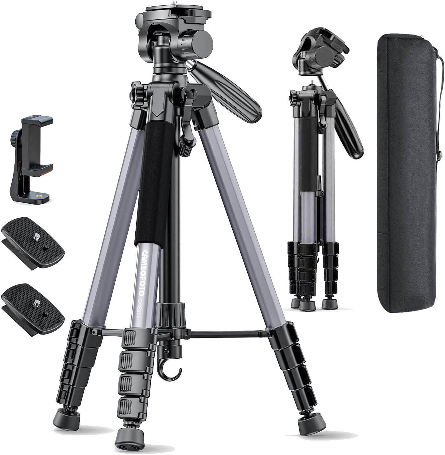 74″-Camera-Tripod, Professional Aluminum Tripod Stand Mirrorless Camera/DSLR/Cell Phone/Camcorder/GoPro, with Phone Holder and Travel Bag (Gunmetal Gray) Weight 2.8 lbs Load 8.8 lbs