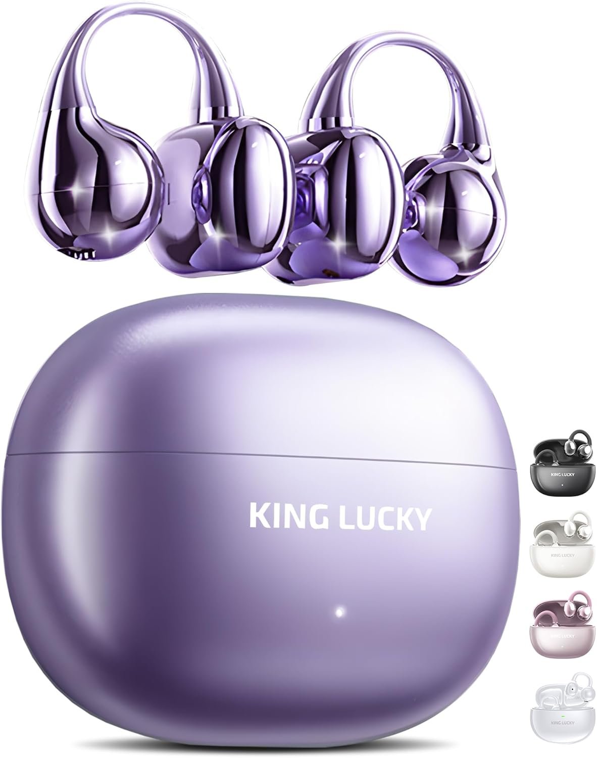 King Lucky Clip on Earbuds Open Ear Wireless Bluetooth 5.4 Headphones with Mic,50H Play,Noise Cancelling,Waterproof,Sports Ear Buds,Comfortable for Small Ears & Glasses Wearers,Workouts (Purple)