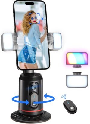 MQOUNY Auto Face Tracking Phone Holder, 360° Rotation Face Body Phone Tripod Smart Shooting Camera Mount with Rechargeable Remote and Light for Live Vlog Streaming Video, Rechargeable