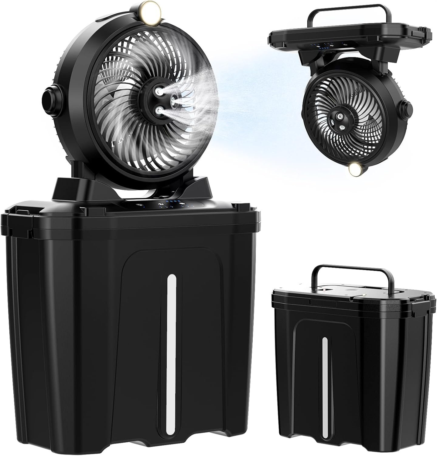 Portable Misting Fan with 11L Large Bucket, 20000mAh USB Rechargeable Battery Operated Camping Fans, 3 Large Spray Nozzles & 3 Strong Wind Speeds Misting Fan, Hanging & Lighting for Outdoor Patios