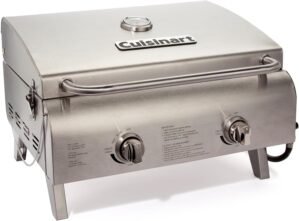 Cuisinart Chef’s Style Tabletop Portable Propane Gas Grill with Dual Burners (20,000 BTUs Total), Twist-Start Ignition Stainless Steel BBQ Grill for Camping, Tailgates, BBQ, Hassle-Free Setup
