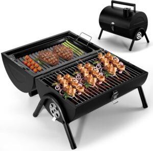 Joyfair Portable Charcoal Grill (2 IN 1 Double-Sided), Small Tabletop Barbecue Grill with Food Tray & Rack for Outdoor Camping Home Patio BBQ Grilling, Heavy Duty & Multi-use, Easy Assembly (230Sq.in)