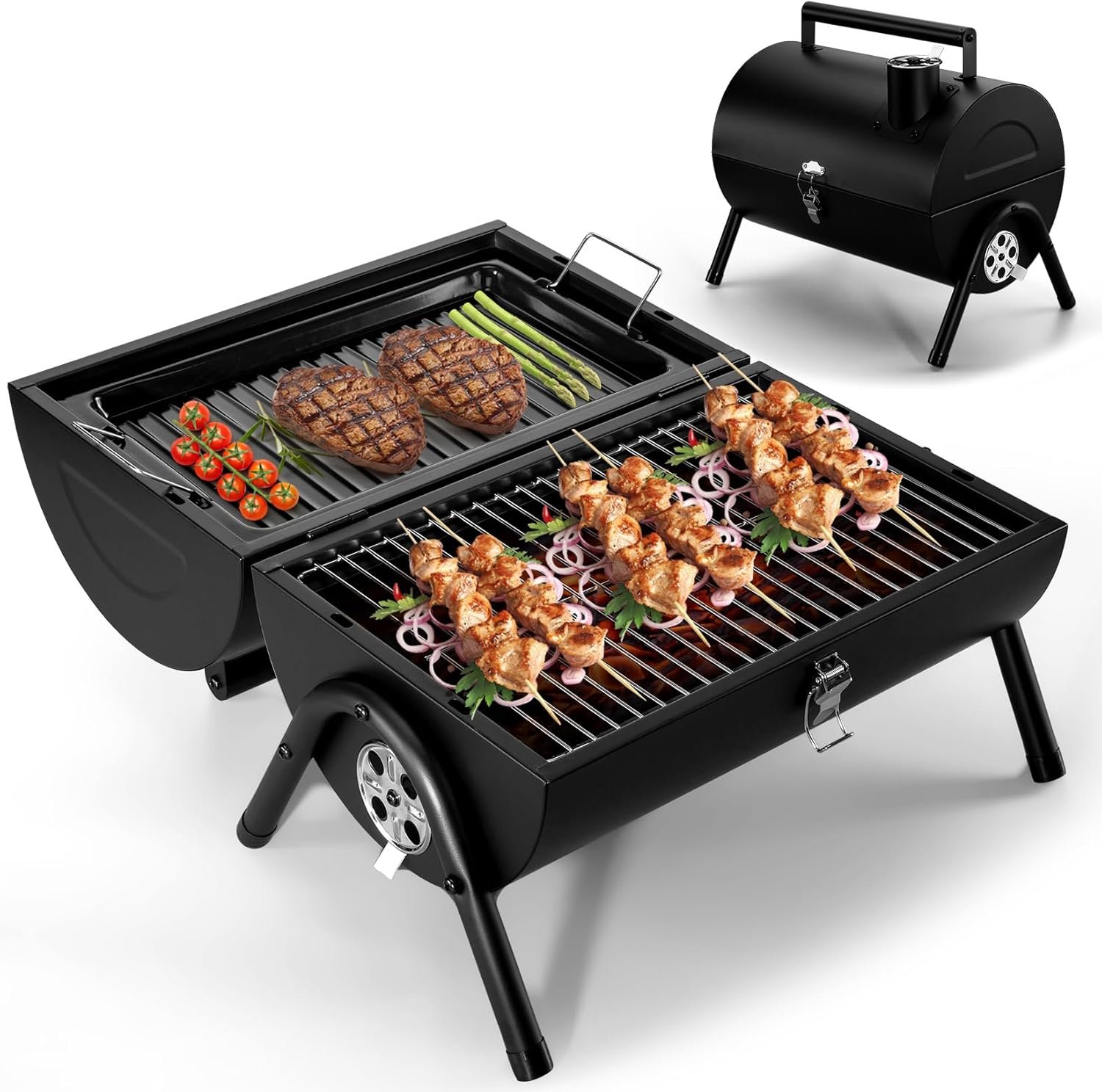 Joyfair Portable Charcoal Grill (2 IN 1 Double-Sided), Small Tabletop Barbecue Grill with Food Tray & Rack for Outdoor Camping Home Patio BBQ Grilling, Heavy Duty & Multi-use, Easy Assembly (230Sq.in)