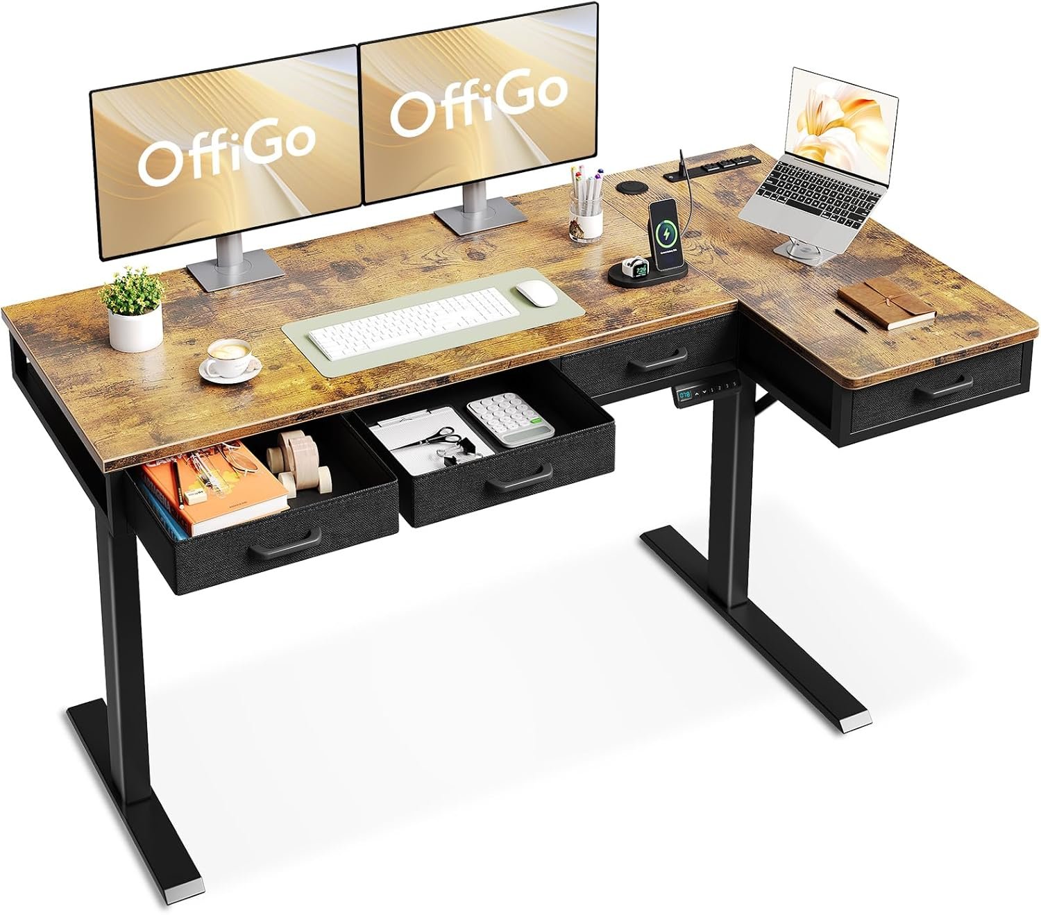 63 Inch L Shaped Electric Standing Desk with Drawers, Height Adjustable Large Desk with Power Outlets, Sit Stand Table, Writing Computer Desk for Home, Office, Workstation, Rustic Brown