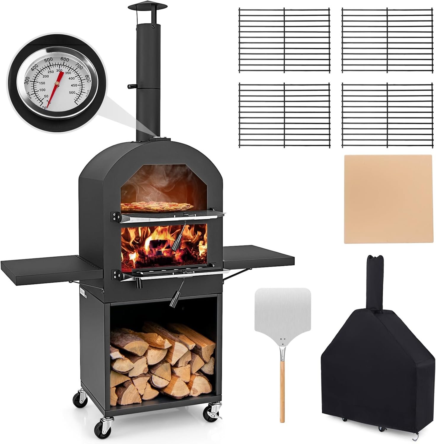 Giantex Pizza Oven Outdoor – Wood Fired Pizza Oven with 2 Side Tables, Pizza Stone, Pizza Peel, Cover, Cooking Grids, Pizza Maker on Wheels for Outside Charcoal Grill Backyard Party Camping