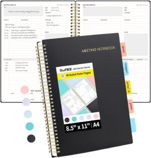 SUNEE Meeting Notebook for Work with Sticky Tabs – 160 Pages, A4 Size Project Planner, Spiral Meeting Agenda/Minutes Notebook Organizer for Women Men, Note Taking, Office & Business, 8.5″x11″, Black
