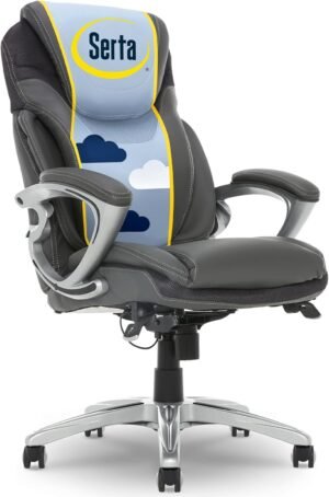 Serta Bryce Executive Office Chair, Ergonomic Computer DeskChair with Patented AIR Lumbar Technology, Comfortable Layered Body Pillows for Cushioning, SertaQuality Foam, Bonded Leather, Gray