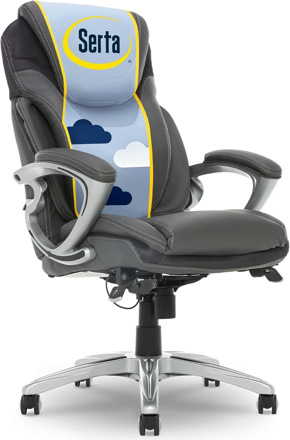 Serta Bryce Executive Office Chair, Ergonomic Computer DeskChair with Patented AIR Lumbar Technology, Comfortable Layered Body Pillows for Cushioning, SertaQuality Foam, Bonded Leather, Gray
