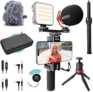 Movo iVlogger-PRO Vlogging Kit for iPhone/Android – YouTube Starter Kit for Content Creators – Accessories: Phone Tripod, Phone Mount, RGB Light and VXR10 Shotgun Mic