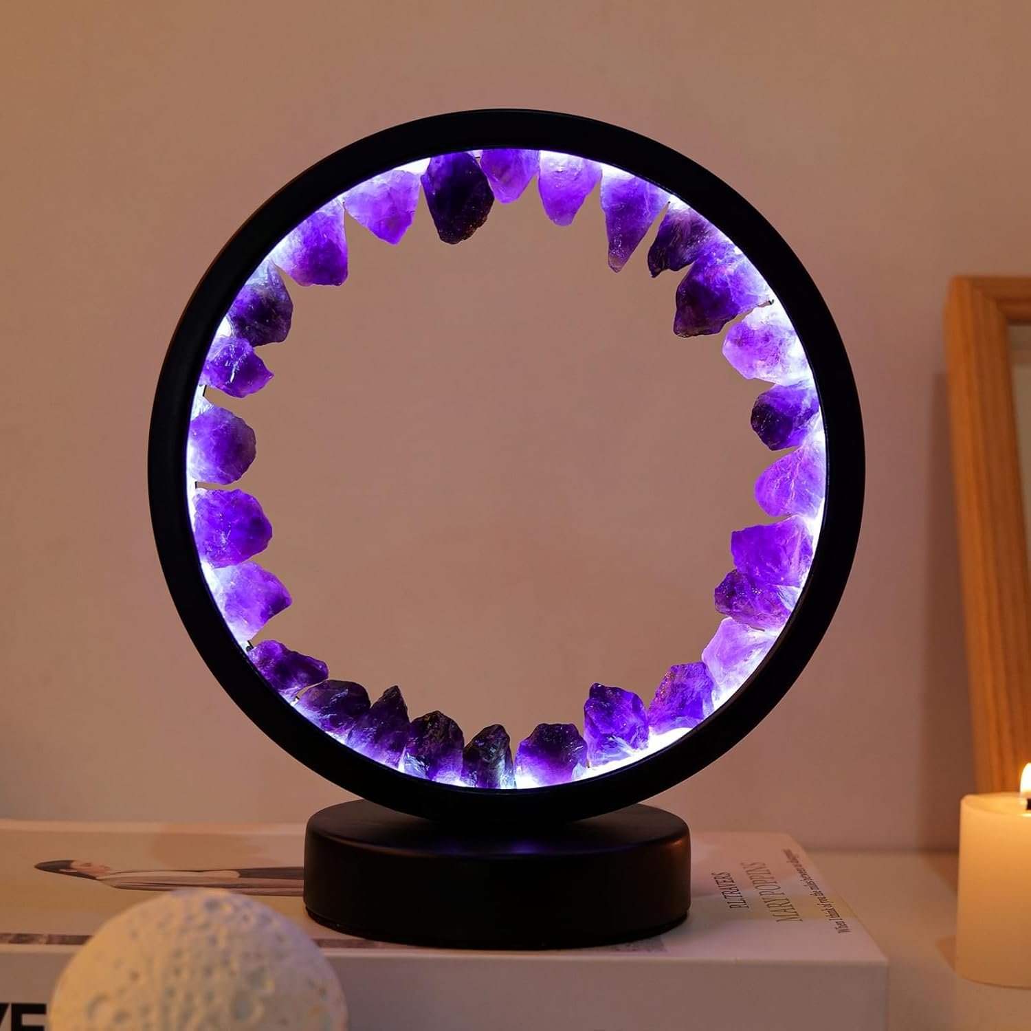 Runyangshi Amethyst Night Lamp 8.6″ Natural Healing Crystal Bedside Lamp USB Port 3 Colours Dimming Mode Bedroom Lamp Suitable Night Light for Living Room Bedroom Office Home Decor Ideal Gift