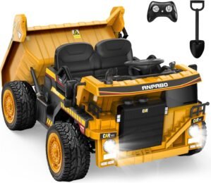 ANPABO 24V Ride On Dump Truck, 2X75W Powerful Motors, Up to 4.4Mph, EVA Tires, Ride On Car w/Electric Dump Bed and Extra Shovel, 19″ Spacious Seat, Parent Remote Electric Truck for Kids-Yellow